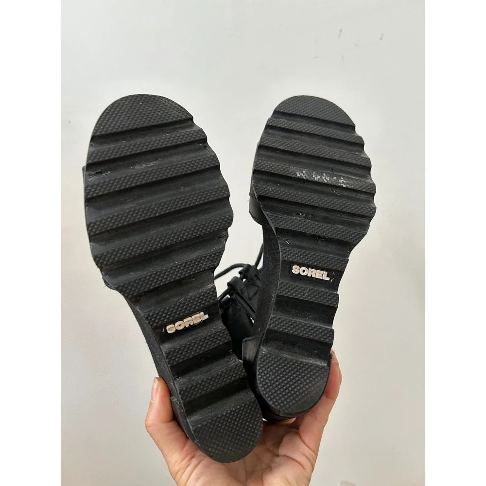 Sorel Joanie Lace Sandals Women 8.5 Black Leather Gorpcore Wedge Heels